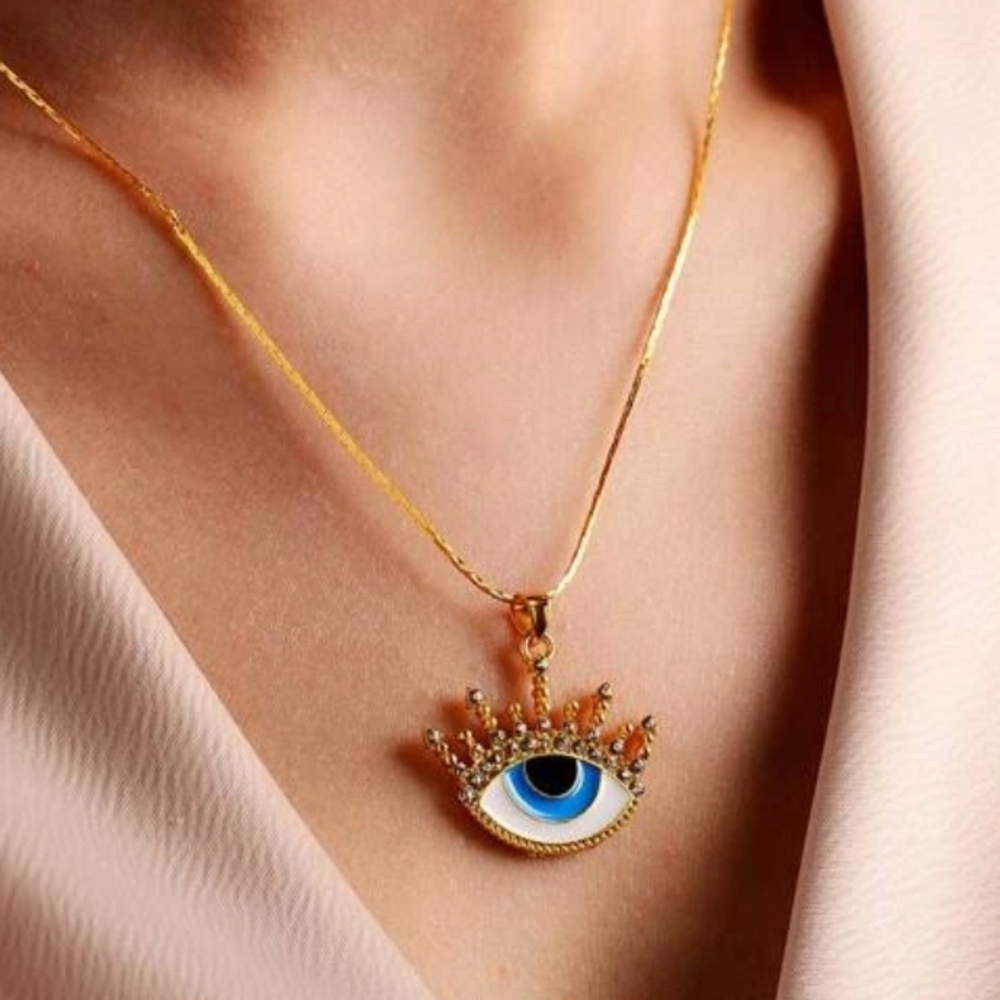 GOLD EYE NECKLACE BLUE WHITE BOHO GIFT ECLECTIC‎